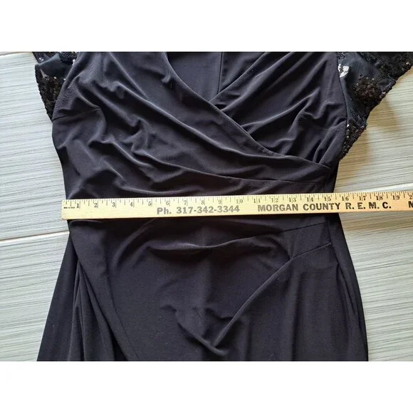 Lauren Ralph Lauren Black Gown Sequined Flutter Sleeves Size 14 Draped  Women's - Picture 10 of 11